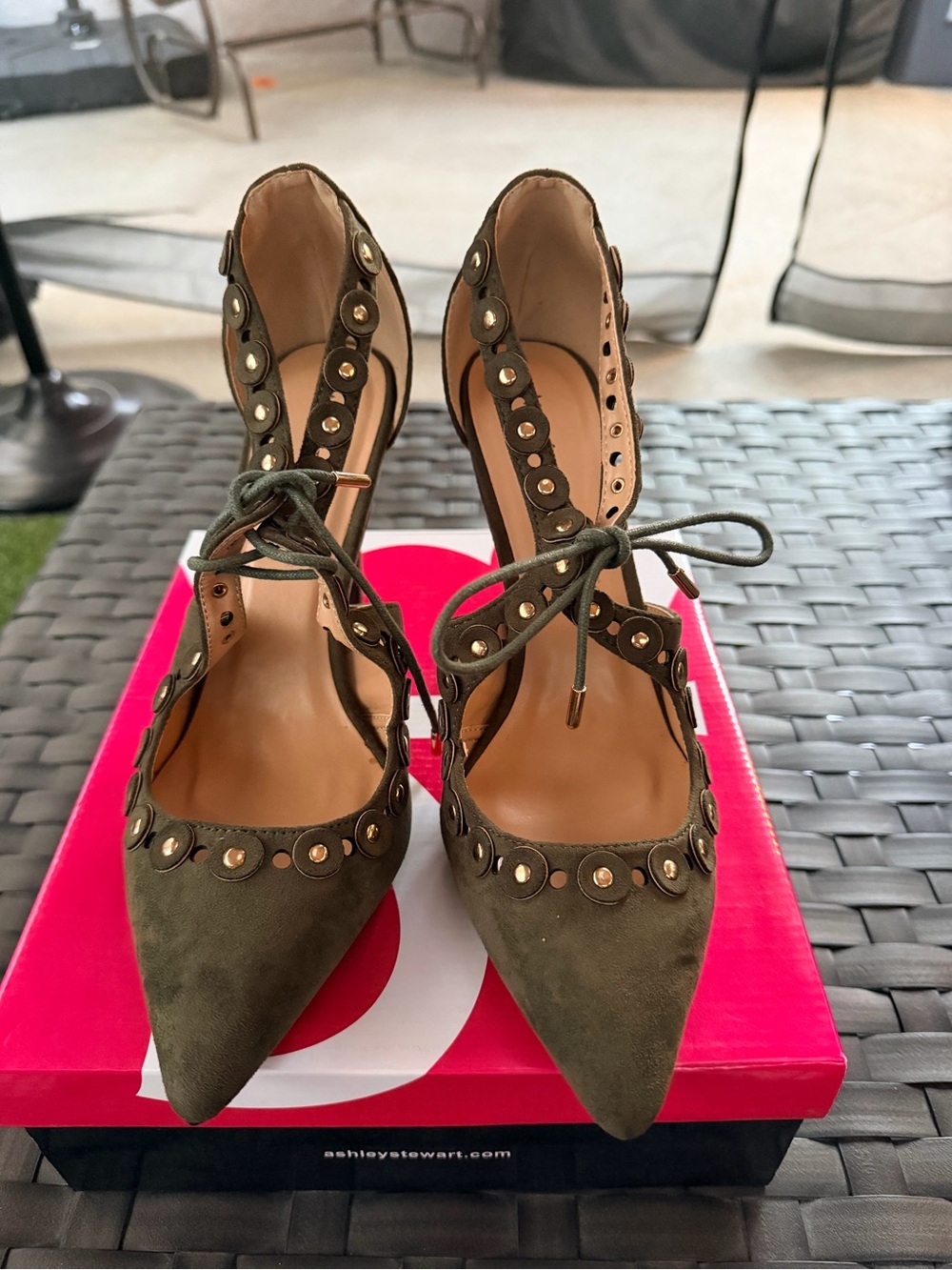 Ashley Stewart Olive Green Studded Lace-Up Pointed Heels